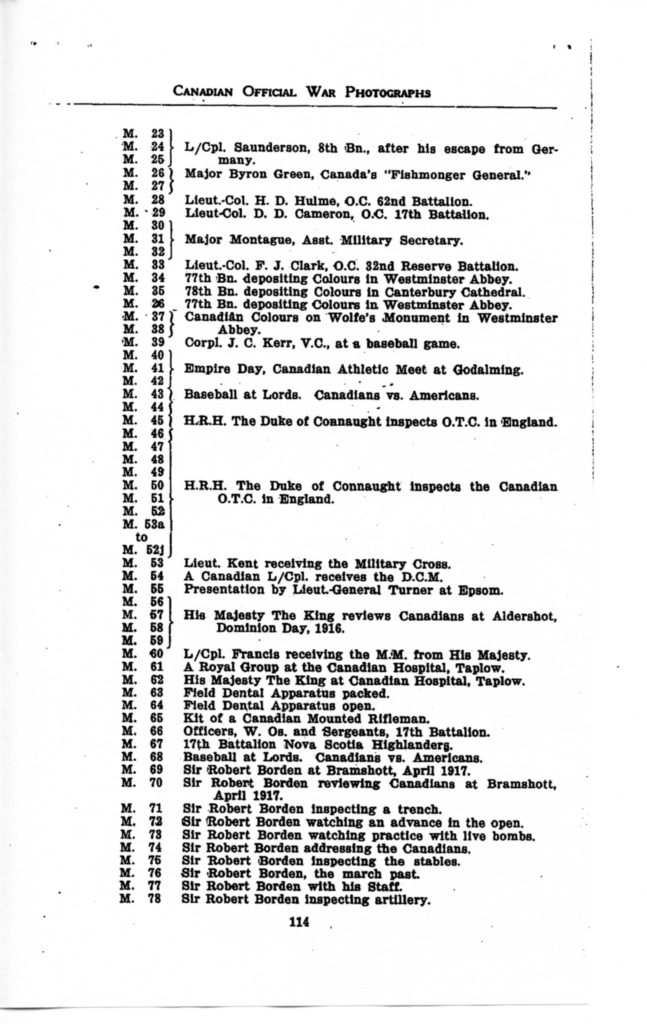 p. 114 Canadian Official War Photographs WWI INDEX - "M" Series M. 23 to M. 78