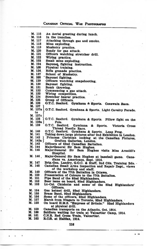 p. 116 Canadian Official War Photographs WWI INDEX - "M" Series M. 115 to M. 162