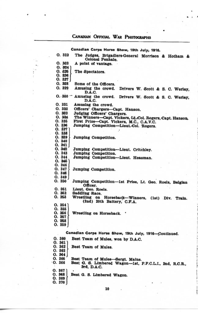 Canadian Official War Photographs of WWI INDEX - p. 010 "O" Series O.323 to O.370