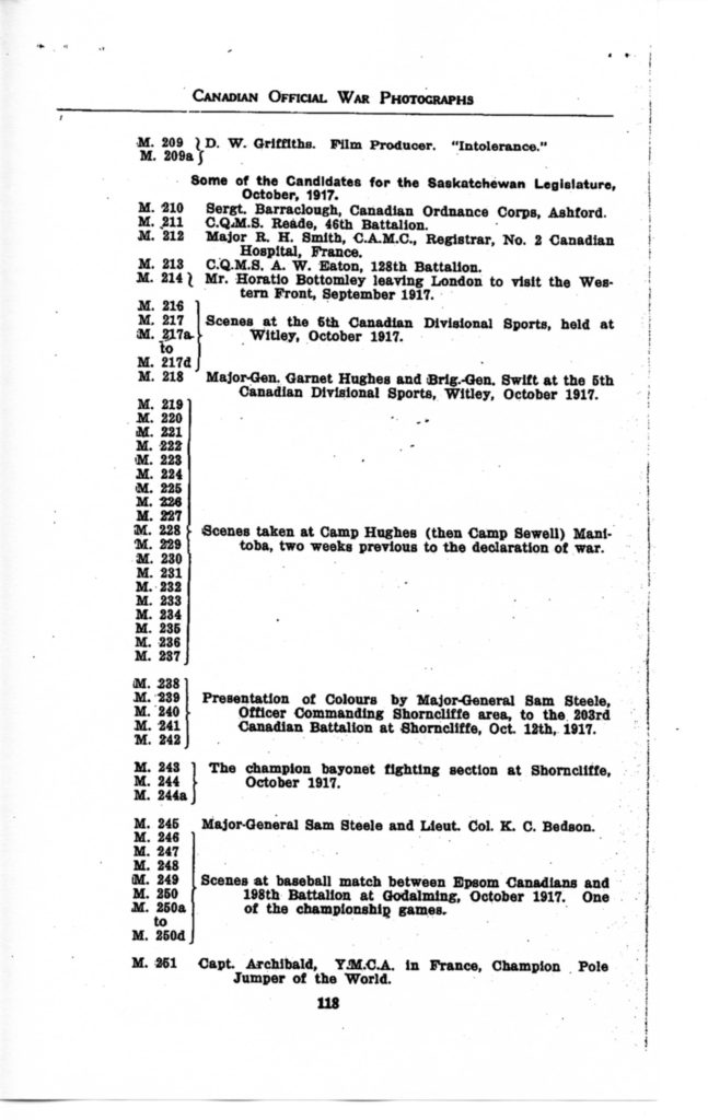 p. 118 Canadian Official War Photographs WWI INDEX - "M" Series M. 209 to M. 251