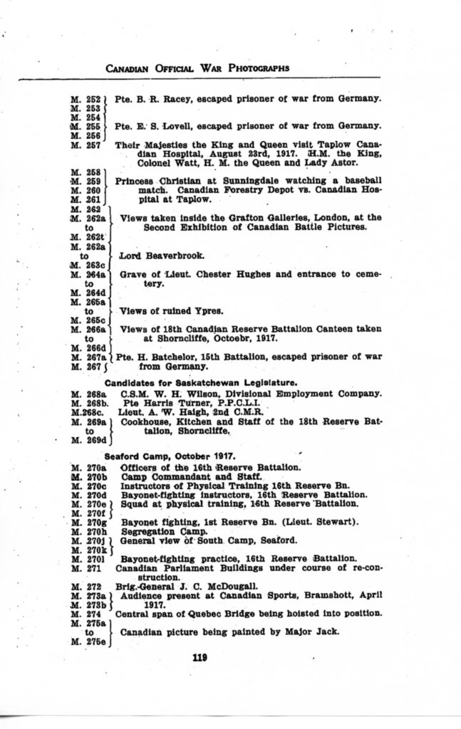 p. 119 Canadian Official War Photographs WWI INDEX - "M" Series M. 252 to M. 275e ?