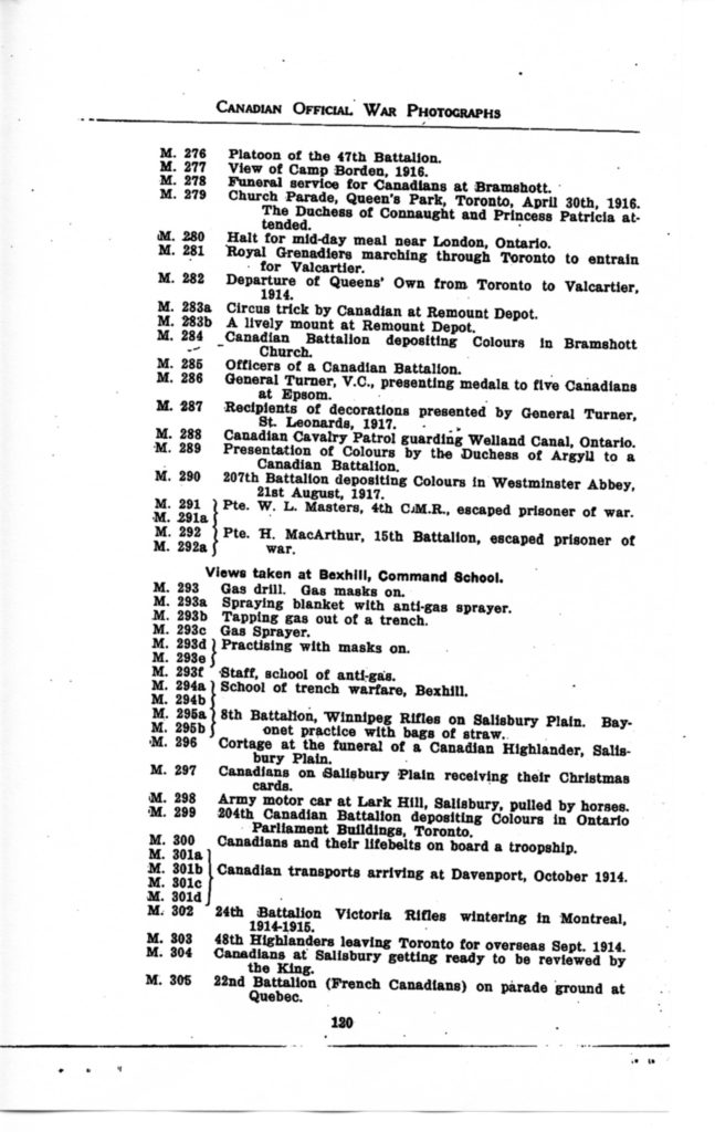 p. 120 Canadian Official War Photographs WWI INDEX - "M" Series M. 276 to M. 305