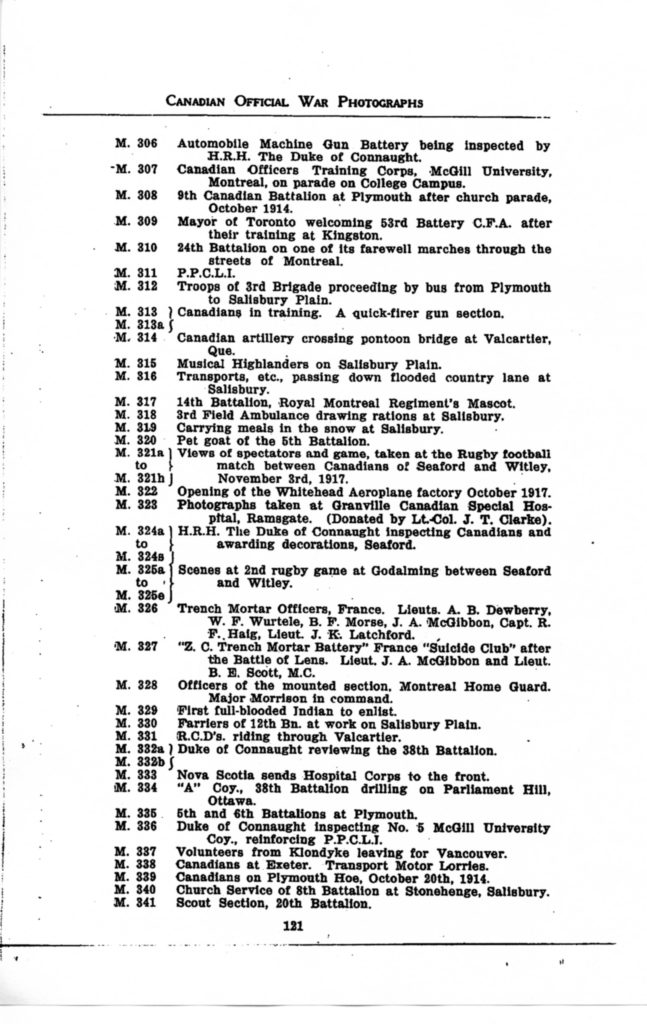 p. 121 Canadian Official War Photographs WWI INDEX - "M" Series M. 306 to M. 341