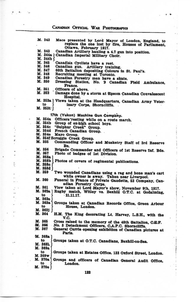 p. 122 Canadian Official War Photographs WWI INDEX - "M" Series M. 342 to M. 370e ?