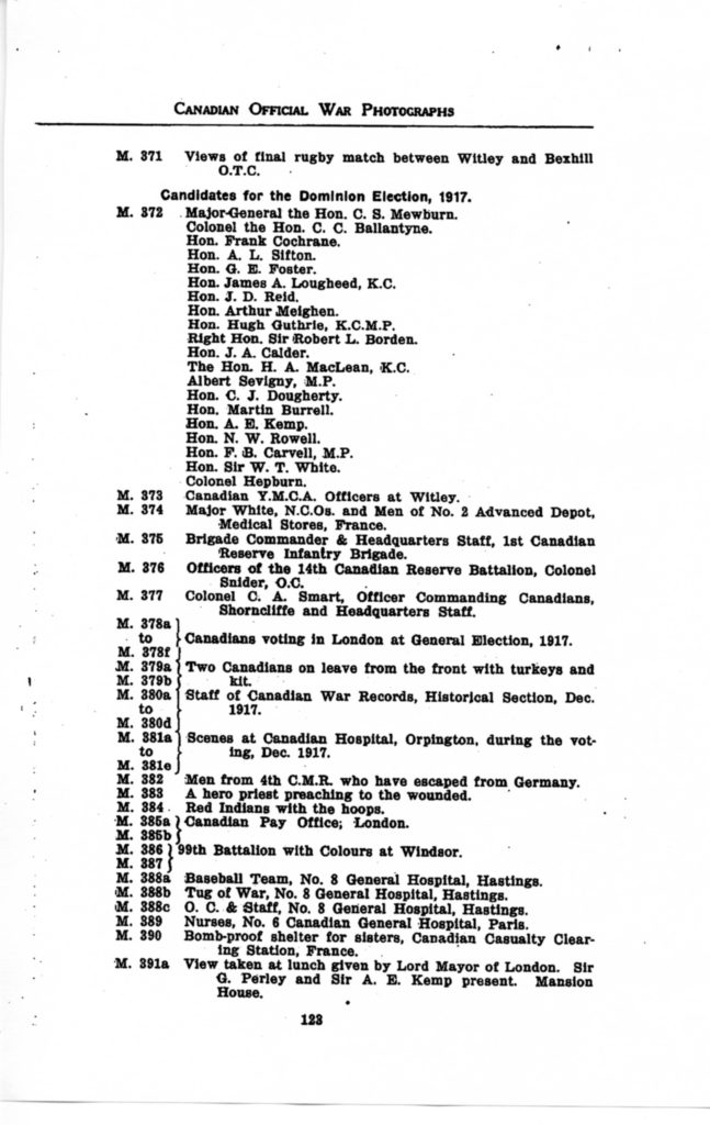 p. 123 Canadian Official War Photographs WWI INDEX - "M" Series M. 371 to M. 391a