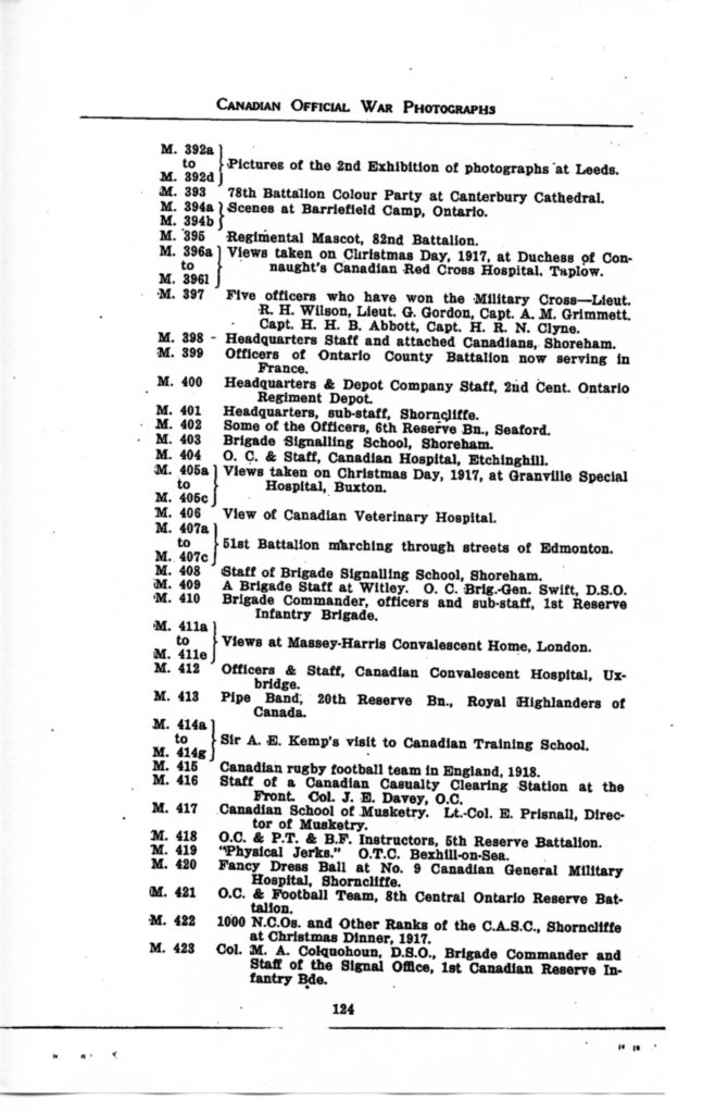 p. 124 Canadian Official War Photographs WWI INDEX - "M" Series M. 392a to M. 423