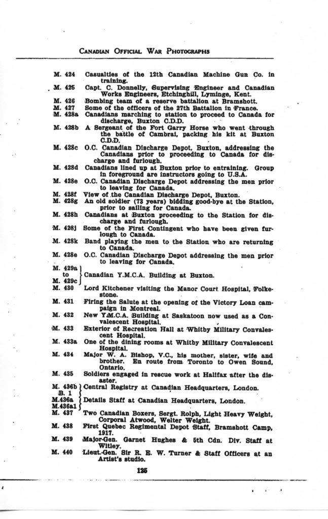 p. 125 Canadian Official War Photographs WWI INDEX - "M" Series M. 434 to M. 440