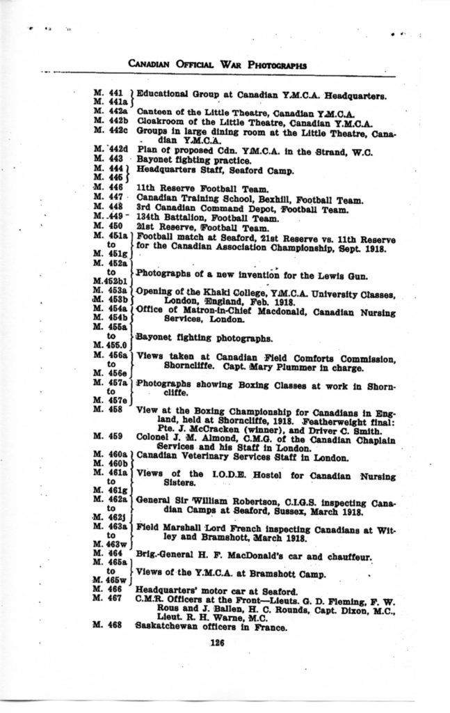 p. 126 Canadian Official War Photographs WWI INDEX - "M" Series M. 441 to M. 468