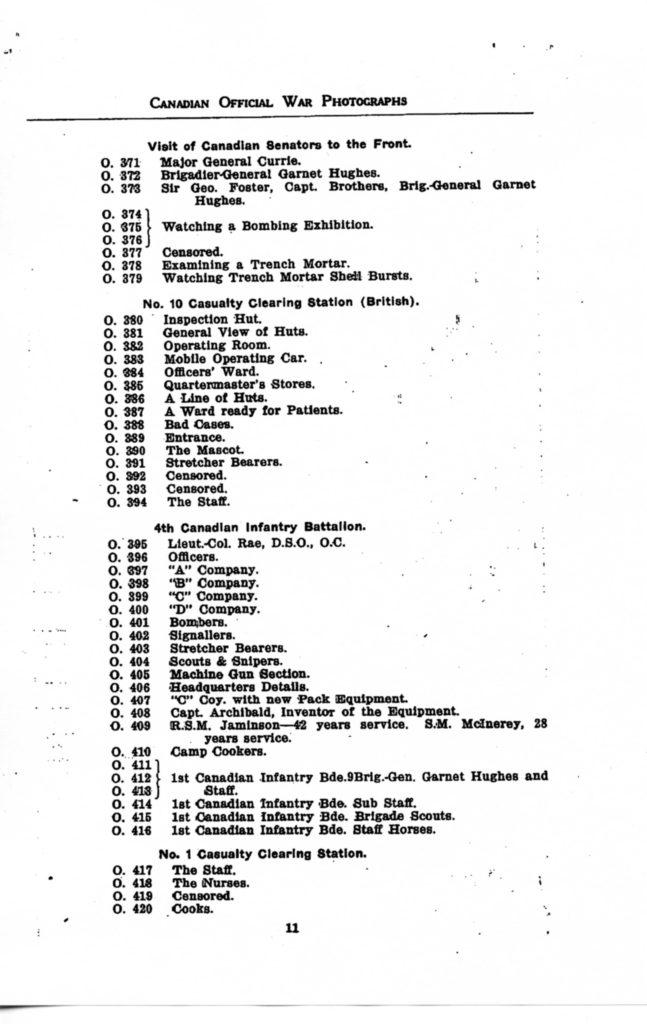 Canadian Official War Photographs of WWI INDEX - p. 011 "O" Series O.371 to O.420