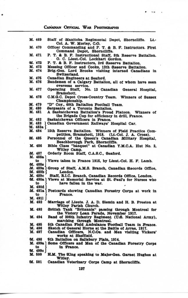 p. 127 Canadian Official War Photographs WWI INDEX - "M" Series M. 469 to M. 501