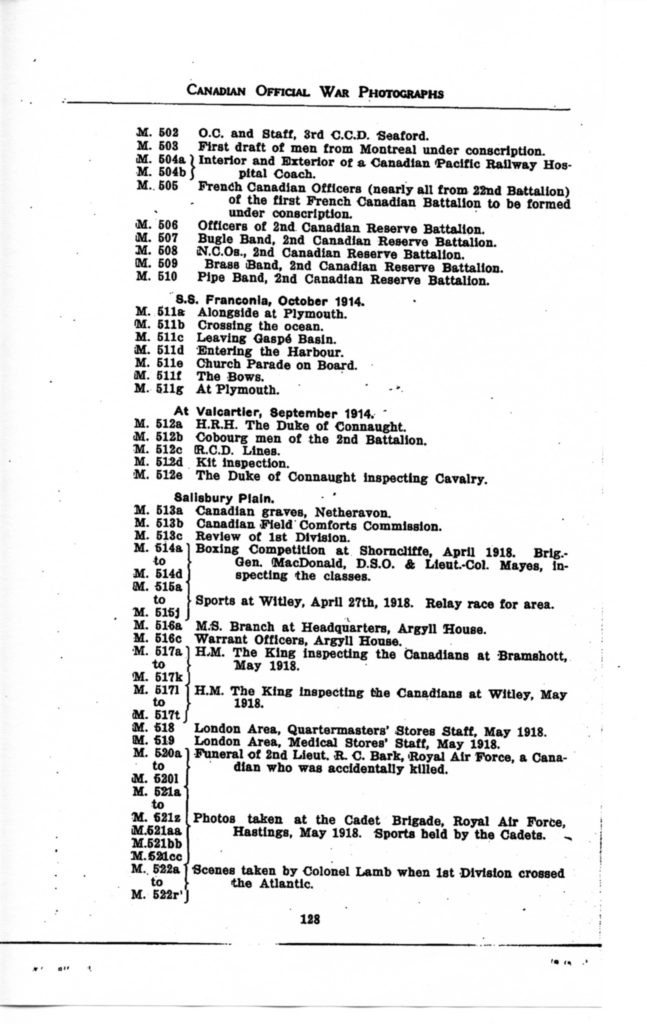 p. 129 Canadian Official War Photographs WWI INDEX - "M" Series M. 503 to M. 522f