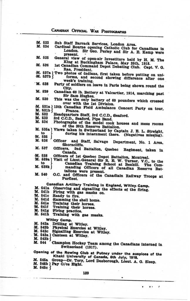 p. 129 Canadian Official War Photographs WWI INDEX - "M" Series M. 523 to M. 545c