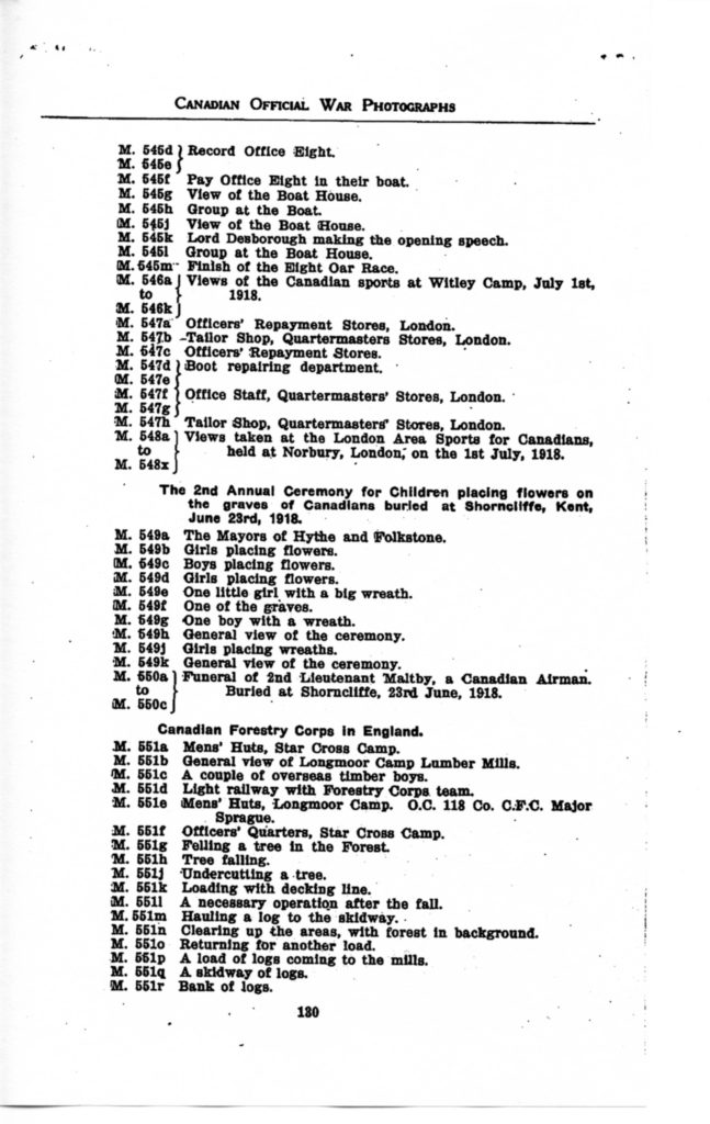 p. 130 Canadian Official War Photographs WWI INDEX - "M" Series M. 545d to M. 551r