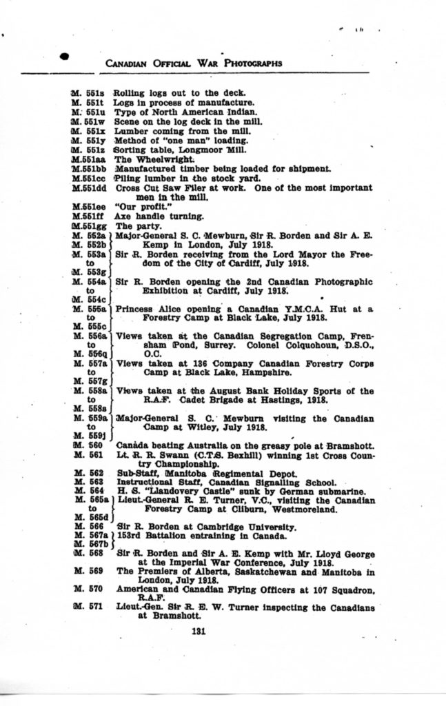 p. 131 Canadian Official War Photographs WWI INDEX - "M" Series M. 551s to M. 571