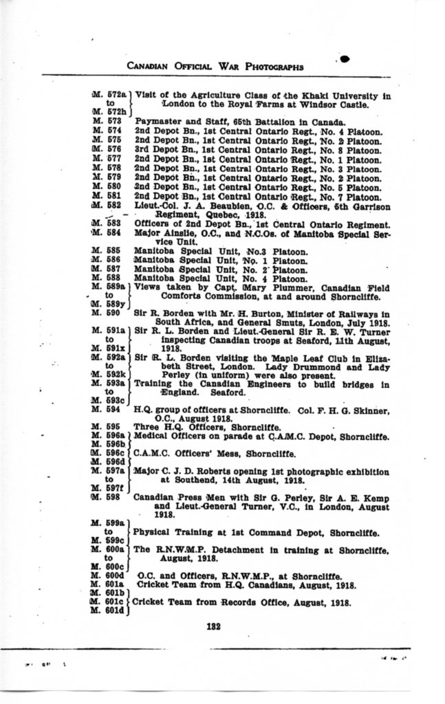 Canadian Official War Photographs WWI INDEX - p. 132 "M" Series M.572a to M.601d