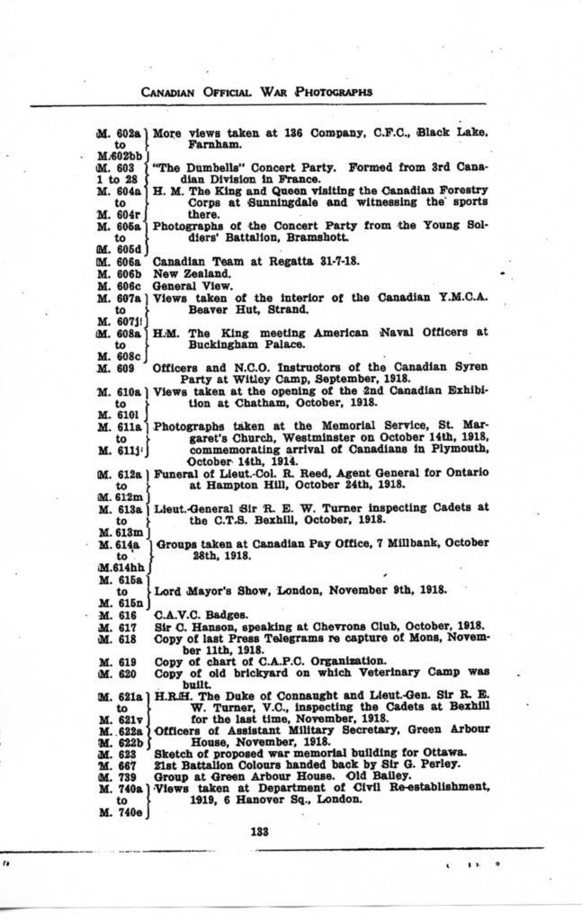 Canadian Official War Photographs WWI INDEX - p. 133 "M" Series M.602a to M.740e