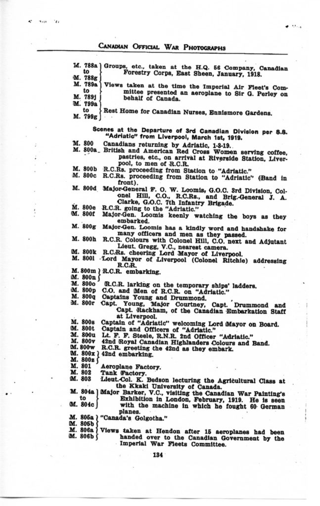 Canadian Official War Photographs WWI INDEX - p. 134 "M" Series M.788a to M.806b