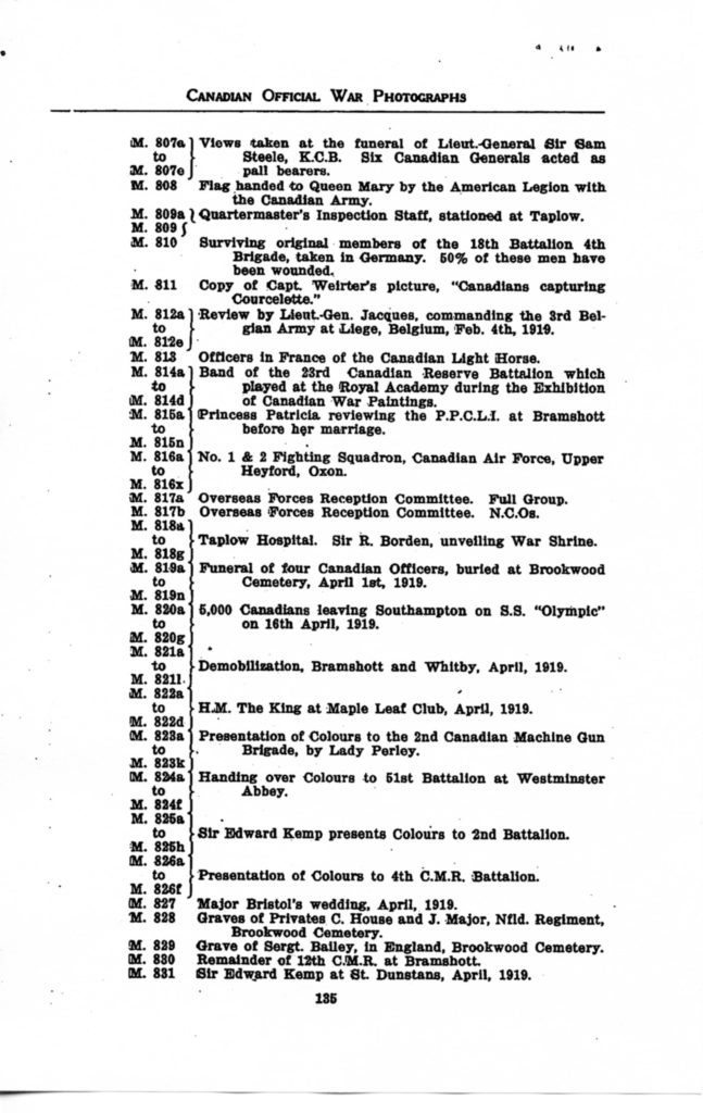 Canadian Official War Photographs WWI INDEX - p. 135 "M" Series M.807 to M.831