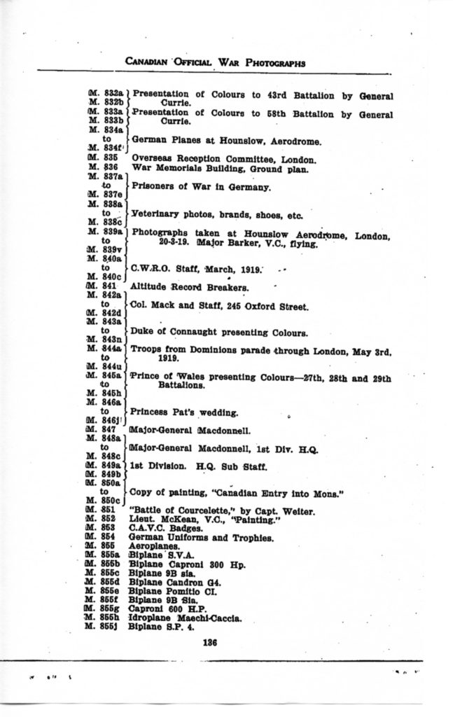 Canadian Official War Photographs WWI INDEX - p. 136 "M" Series M.8532a to M.855j