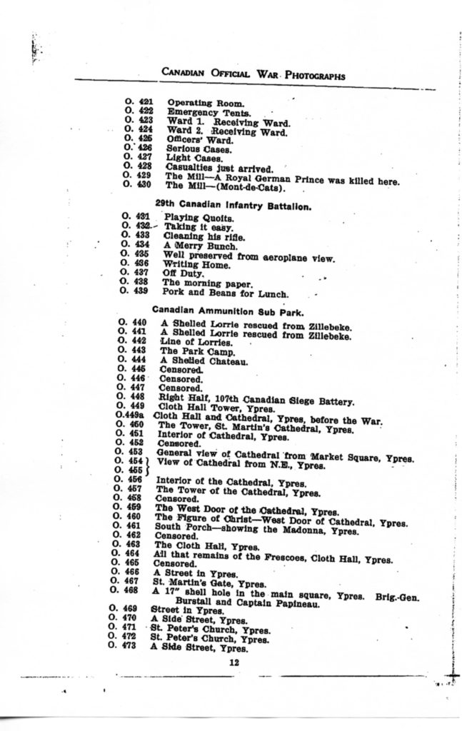 Canadian Official War Photographs of WWI INDEX - p. 012 "O" Series O.421 to O.473