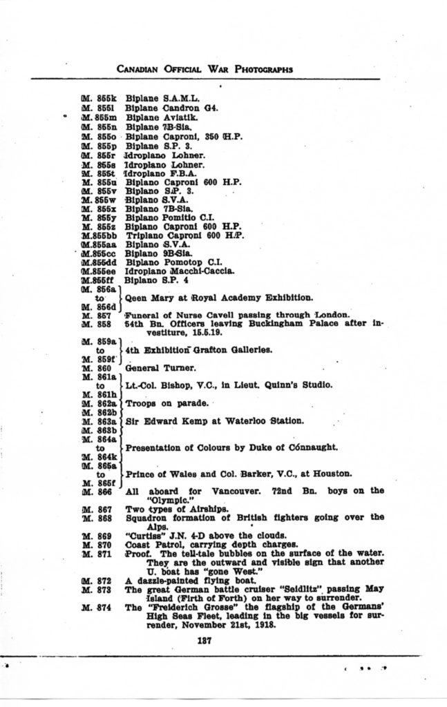 Canadian Official War Photographs WWI INDEX - p. 137 "M" Series M.855k to M.874