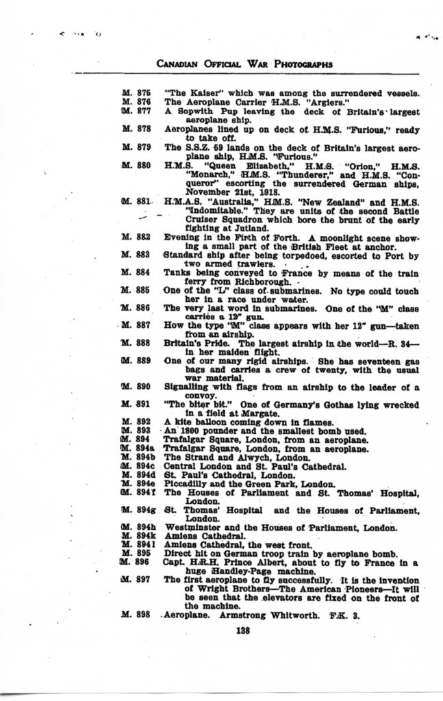 Canadian Official War Photographs WWI INDEX - p. 138"M" Series M.875 to M.898