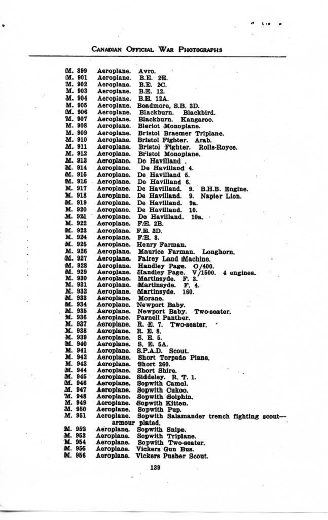 Canadian Official War Photographs WWI INDEX - p. 139 "M" Series M.899 to M.956