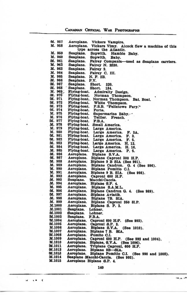 Canadian Official War Photographs WWI INDEX - p. 140 "M" Series M.967 to M.1015