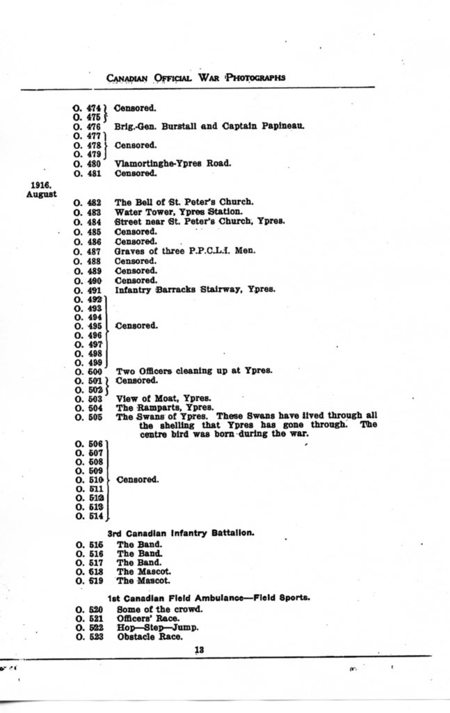 Canadian Official War Photographs of WWI INDEX - p. 013 "O" Series O.474 to O.523