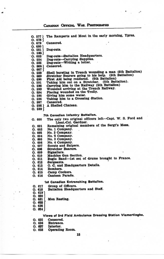 Canadian Official War Photographs of WWI INDEX - p. 015 "O" Series O.577 to O.628