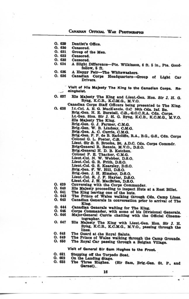 Canadian Official War Photographs of WWI INDEX - p. 016 "O" Series O.629 to O.653