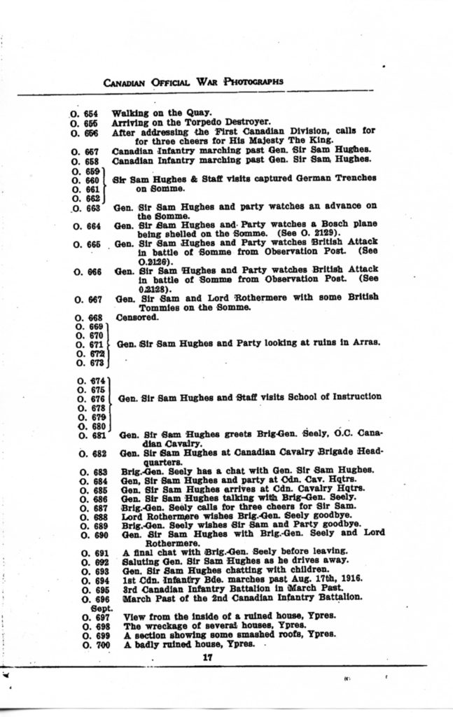 Canadian Official War Photographs of WWI INDEX - p. 017 "O" Series O.654 to O.700