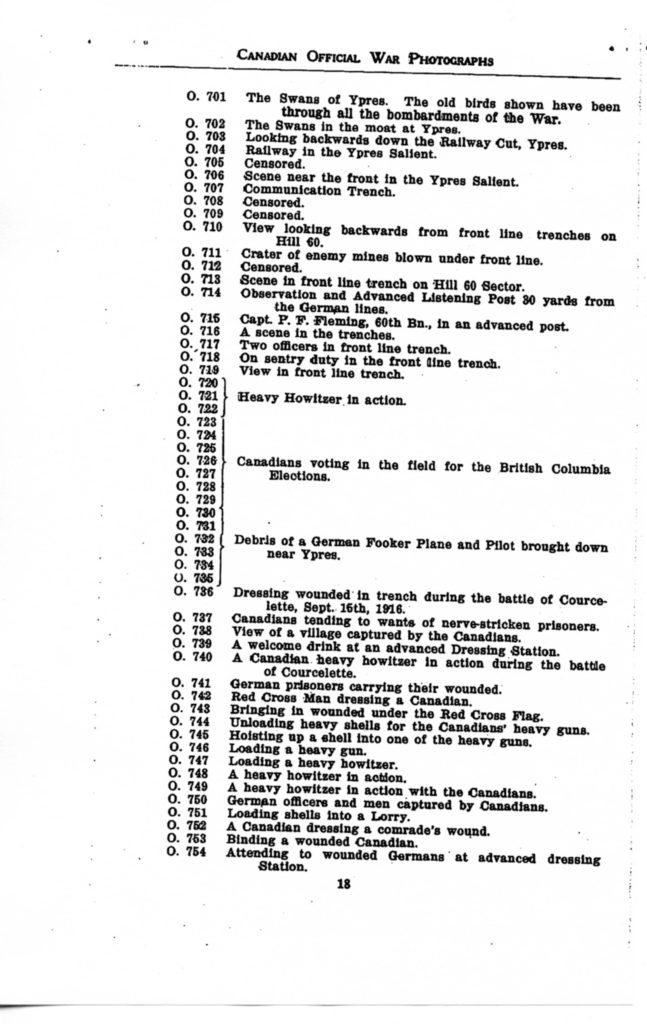 Canadian Official War Photographs of WWI INDEX - p. 018 "O" Series O.701 to O.754