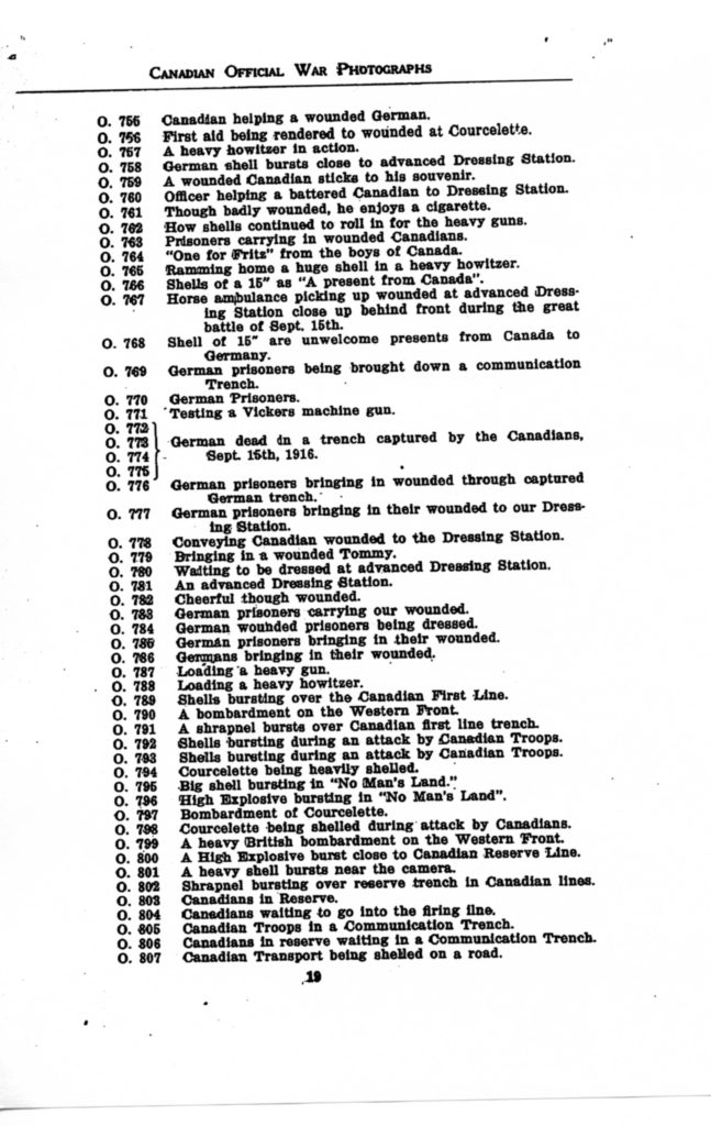 Canadian Official War Photographs of WWI INDEX - p. 019 "O" Series O.755 to O.807