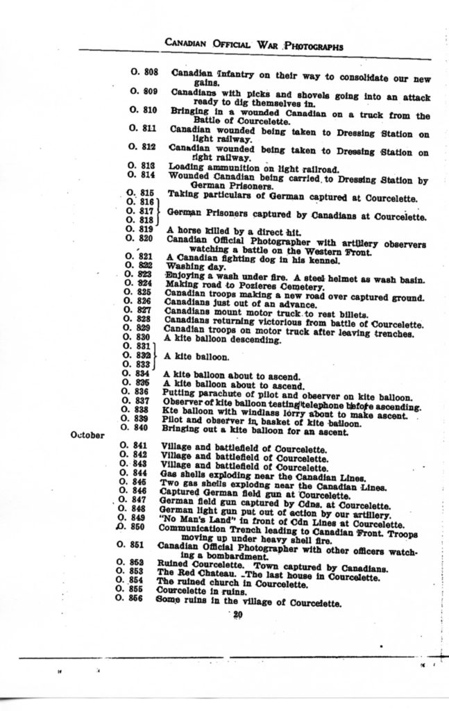 Canadian Official War Photographs of WWI INDEX - p. 020 "O" Series O.808 to O.856