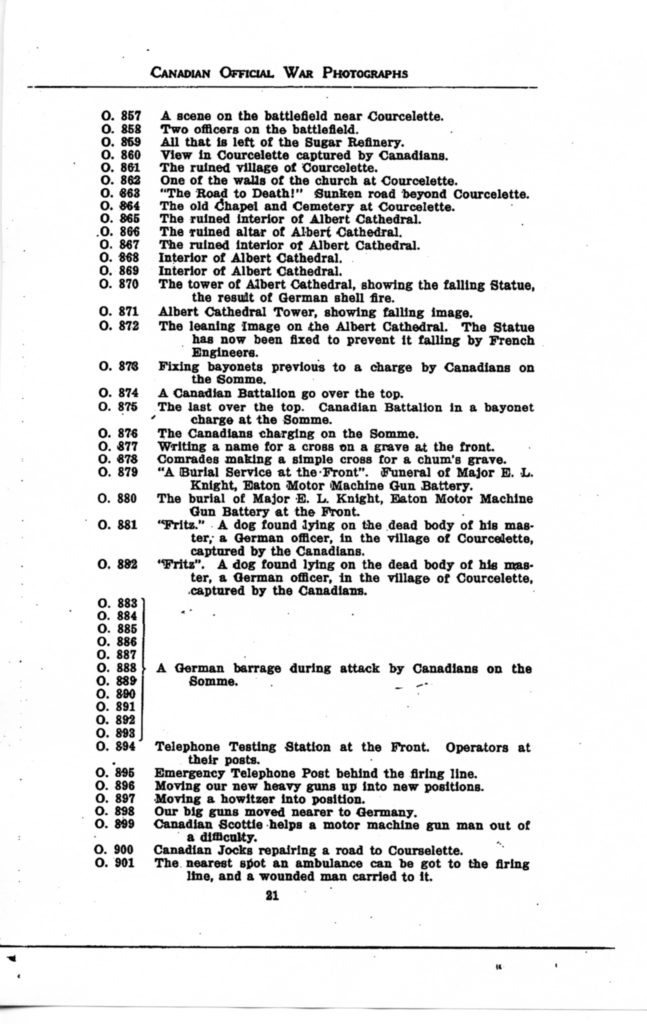 Canadian Official War Photographs of WWI INDEX - p. 021 "O" Series O.857 to O.901