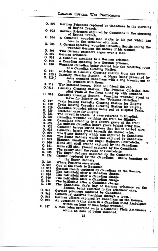 Canadian Official War Photographs of WWI INDEX - p. 022 "O" Series O.902 to O.947