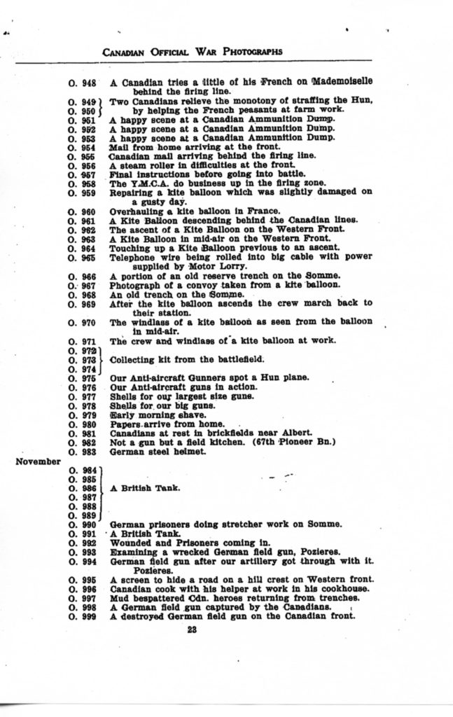 Canadian Official War Photographs of WWI INDEX - p. 023 "O" Series O.948 to O.999