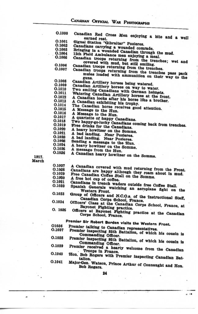 Canadian Official War Photographs of WWI INDEX - p. 024 "O" Series O.1000 to O.1041