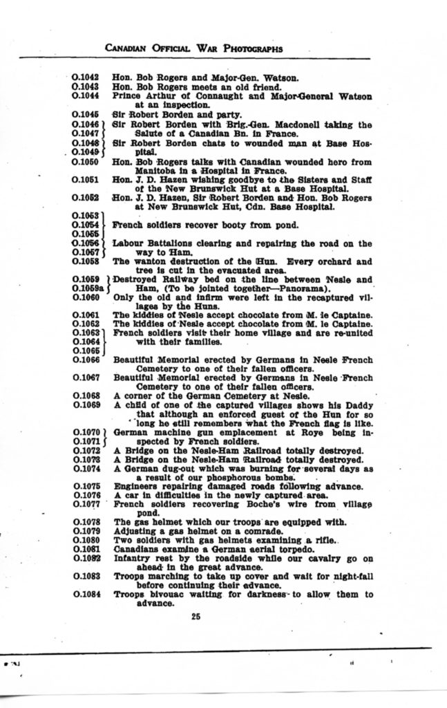 Canadian Official War Photographs of WWI INDEX - p. 025 "O" Series O.1042 to O.1084