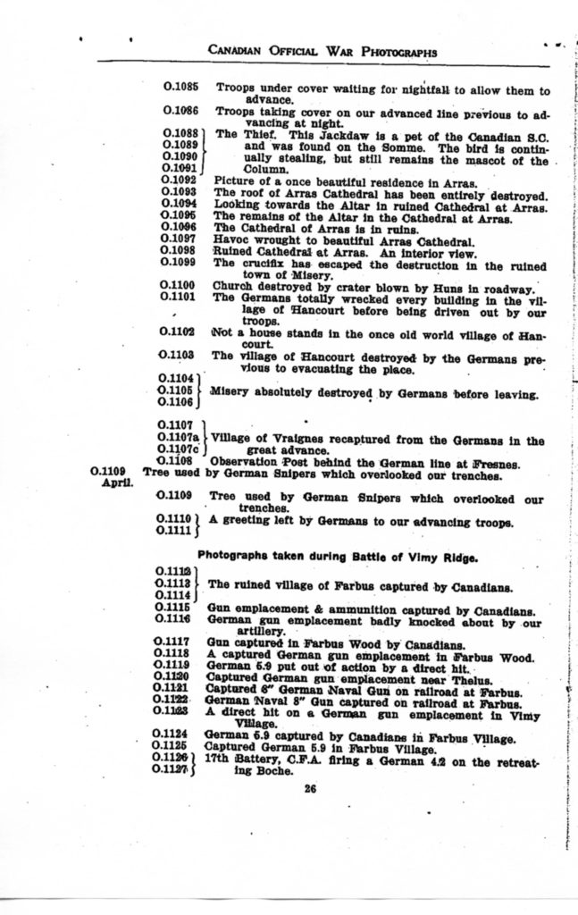 Canadian Official War Photographs of WWI INDEX - p. 026 "O" Series O.1085 to O.1127