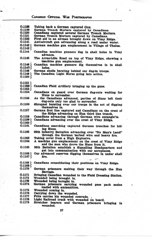 Canadian Official War Photographs of WWI INDEX - p. 027 "O" Series O.1128 to O.1179