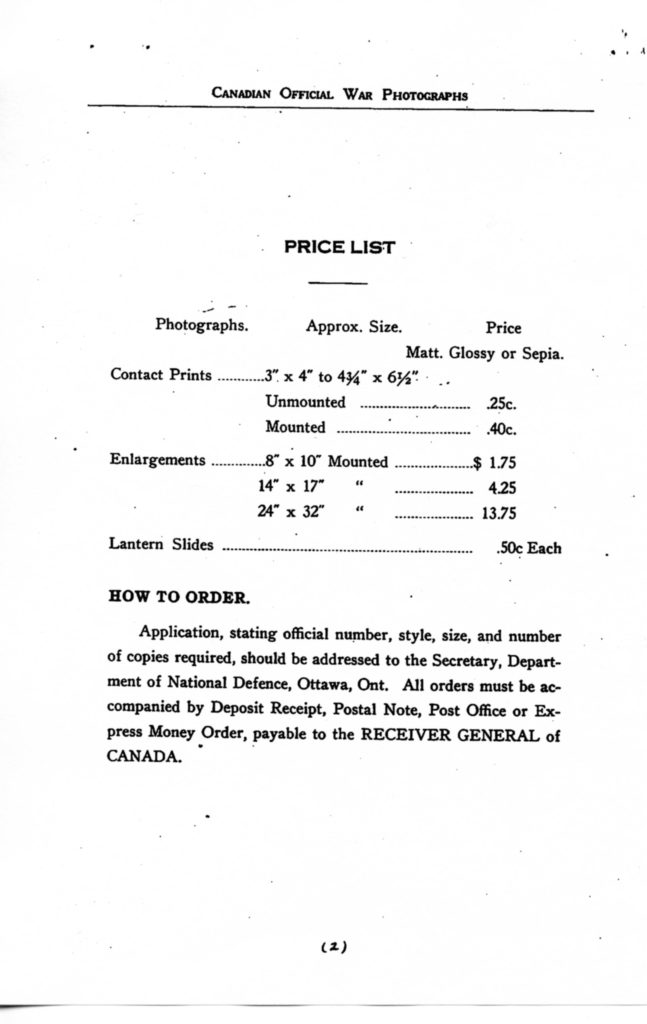 Canadian Official War Photographs of WWI INDEX - p. 002 The 1928 price list.