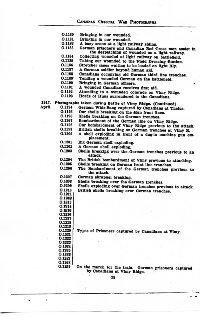 Canadian Official War Photographs of WWI INDEX - p. 028 "O" Series O.1180 to O.1229