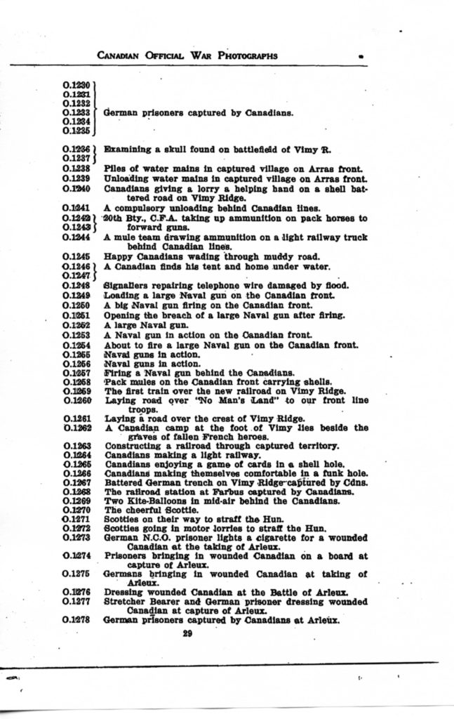 Canadian Official War Photographs of WWI INDEX - p. 029 "O" Series O.1230 to O.1278