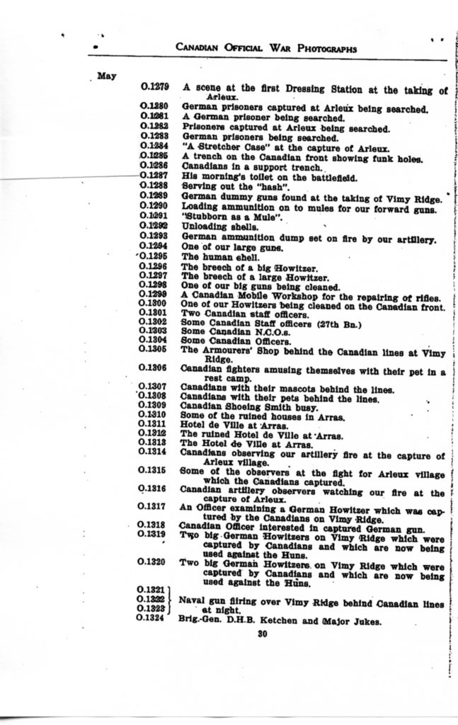 Canadian Official War Photographs of WWI INDEX - p. 030 "O" Series O.1279 to O.1324