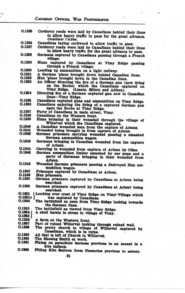 Canadian Official War Photographs of WWI INDEX - p. 031 "O" Series O.1325 to O.1362