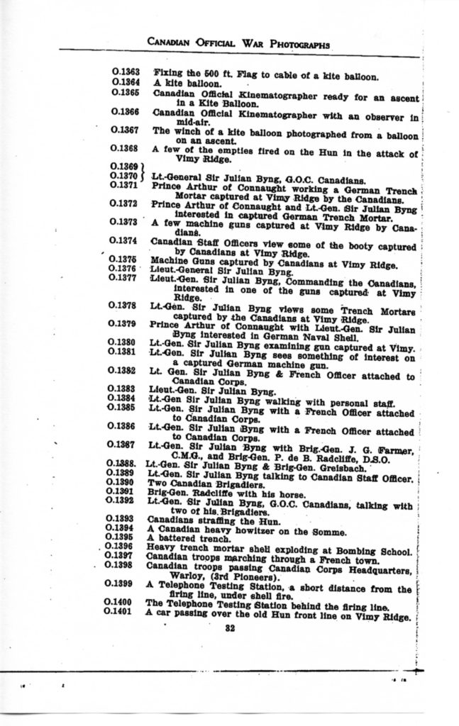 Canadian Official War Photographs of WWI INDEX - p. 032 "O" Series O.1363 to O.1401