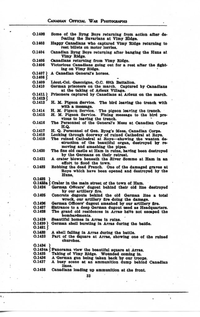 Canadian Official War Photographs of WWI INDEX - p. 033 "O" Series O.1402 to O.1438