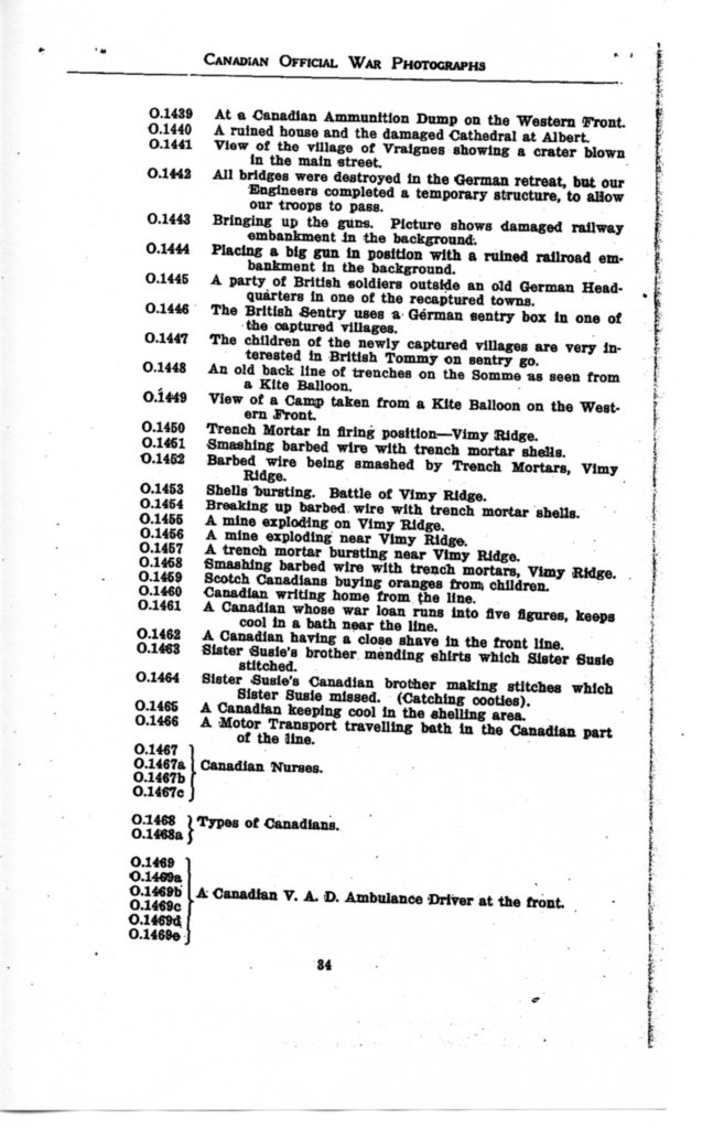 Canadian Official War Photographs of WWI INDEX - p. 034 "O" Series O.1439 to O.1469e